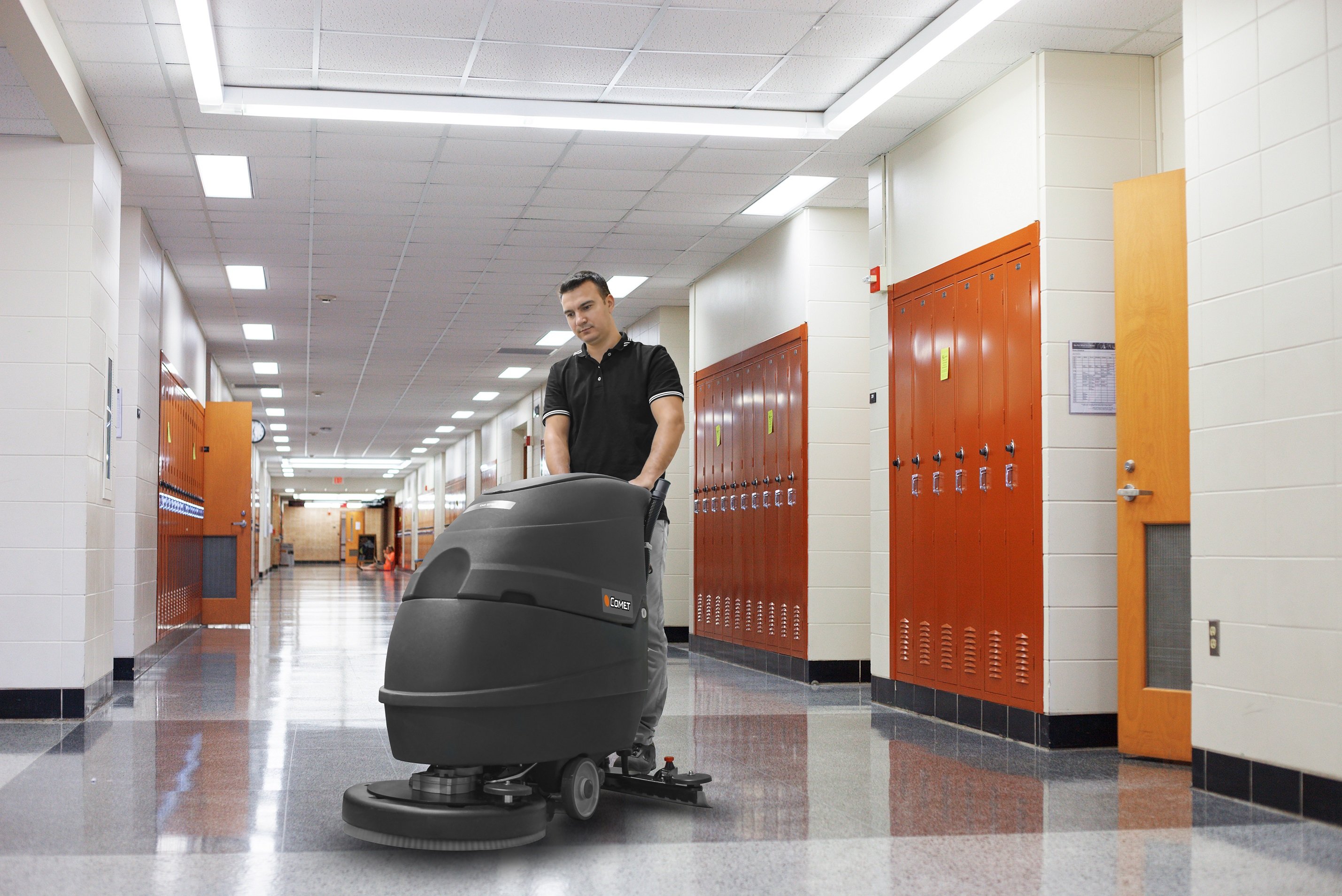 SCHOOLS: CLEANED AND SANITIZED FLOORS WITH FLOOR SCRUBBER DRYERS AND SWEEPERS
